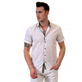White Mens Short Sleeve Button up Shirts - Tailored Slim Fit Cotton Dress Shirts