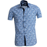 Men's Button down Tailor Fit Soft 100% Cotton Short Sleeve Dress Shirt White Blue Circles casual And Formal - Amedeo Exclusive