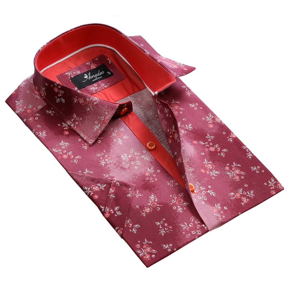 Men's Button down Tailor Fit Soft 100% Cotton Short Sleeve Dress Shirt Red with White Floral casual And Formal - Amedeo Exclusive
