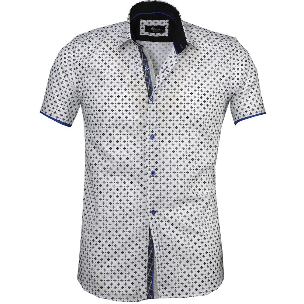 Men's Button down Tailor Fit Soft 100% Cotton Short Sleeve Dress Shirt White with Black casual And Formal - Amedeo Exclusive