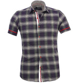 Men's Button down Tailor Fit Soft 100% Cotton Short Sleeve Dress Shirt Purple Grey Checkered casual And Formal - Amedeo Exclusive