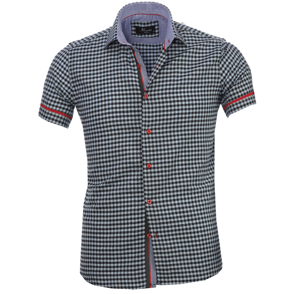 Men's Button down Tailor Fit Soft 100% Cotton Short Sleeve Dress Shirt Light Blue Black Checkered casual And Formal - Amedeo Exclusive