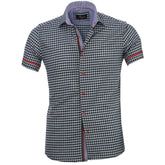 Men's Button down Tailor Fit Soft 100% Cotton Short Sleeve Dress Shirt Light Blue Black Checkered casual And Formal - Amedeo Exclusive