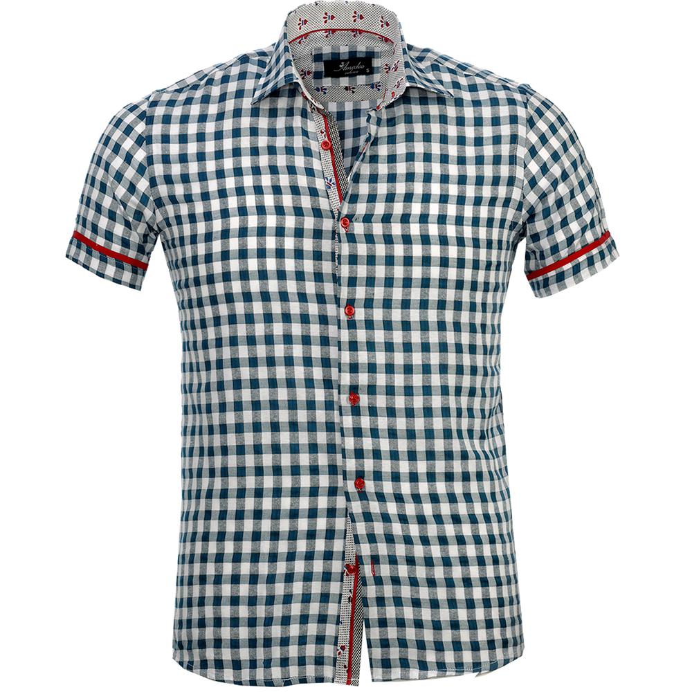 Men's Button down Tailor Fit Soft 100% Cotton Short Sleeve Dress Shirt Blue White Checkered casual And Formal - Amedeo Exclusive