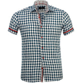 Men's Button down Tailor Fit Soft 100% Cotton Short Sleeve Dress Shirt Blue White Checkered casual And Formal - Amedeo Exclusive