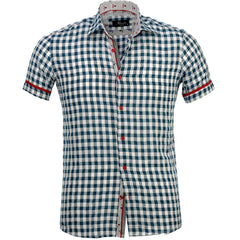 Men's Button down Tailor Fit Soft 100% Cotton Short Sleeve Dress Shirt Blue White Checkered casual And Formal - Amedeo Exclusive