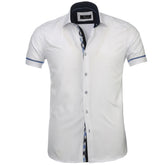 Men's Button down Tailor Fit Soft 100% Cotton Short Sleeve Dress Shirt Solid White Checkered casual And Formal - Amedeo Exclusive