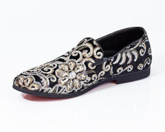 Premium Black And Golden Floral Loafers for men designer slip on casual / dress shoes – Luxury - Amedeo Exclusive