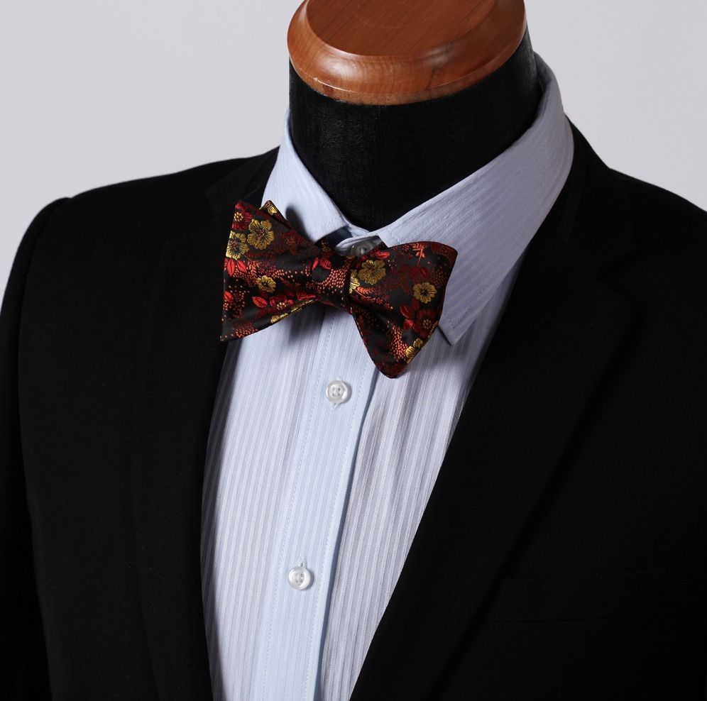 Men's Silk Orange Floral Self Bow Tie Pocket Handkerchief - Amedeo Exclusive