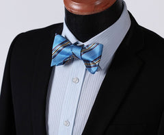 Men's Silk Blue Yellow Stripe Self Bow Tie Pocket Handkerchief - Amedeo Exclusive