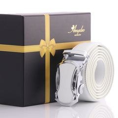Amedeo Exclusive Men's White Leather Ratchet Belt – Automatic No Holes Buckle – Stainless Steel Comfort Fit (28”–52”)