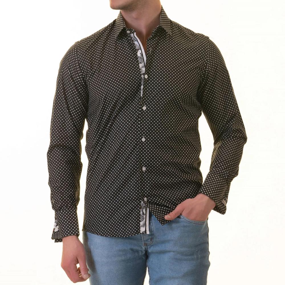 Tropical Slim Fit Long Sleeve Shirt for Men - (White, Black Polka Dot Inside)