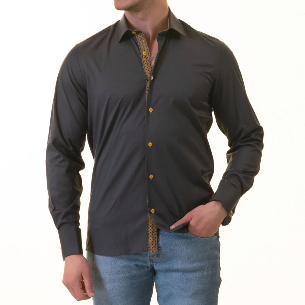 Black Slim French Cuff Shirt for Mens - Long Sleeve (Honeycomb Design Inside)