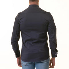 Navy French Cuff Shirt - Men's Slim Fit Long-Sleeved (Floral Design Inside)