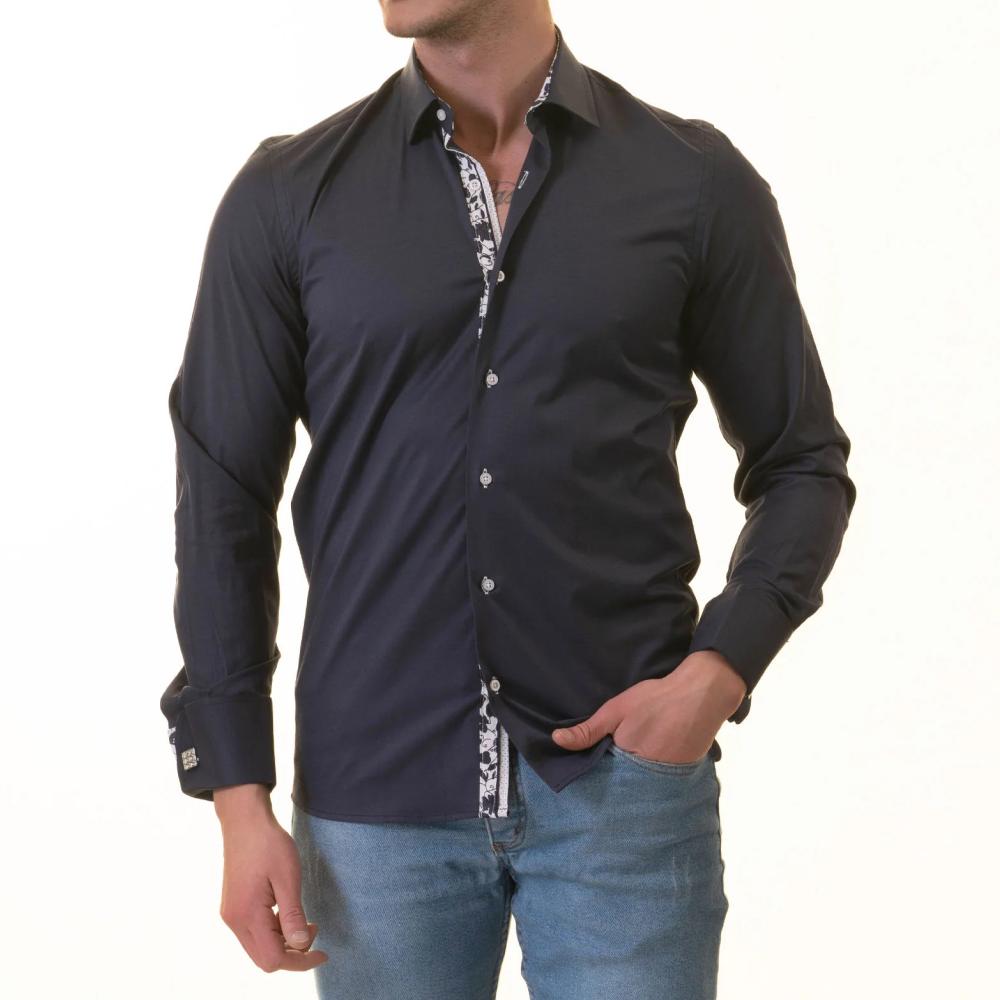 Navy French Cuff Shirt - Men's Slim Fit Long-Sleeved (Floral Design Inside)
