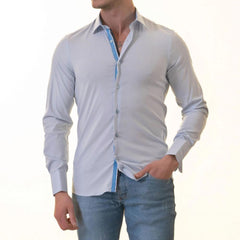 Blue French Cuff Shirt - Slim Fit Long-Sleeved Shirt (Blue White Polka Dot Inside)