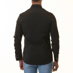Black French Dubble Cuff Shirt - Slim Fit Long-Sleeved (Geometric Pattern Inside)