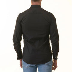 Black French Cuff Shirt - Men's Slim Fit Long-Sleeved (Checkered Design Inside)