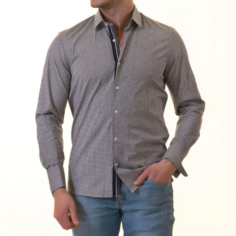 Black Checkered French Cuff T-Shirt - Men’s Long Sleeve Slim Fit Cotton T-Shirt