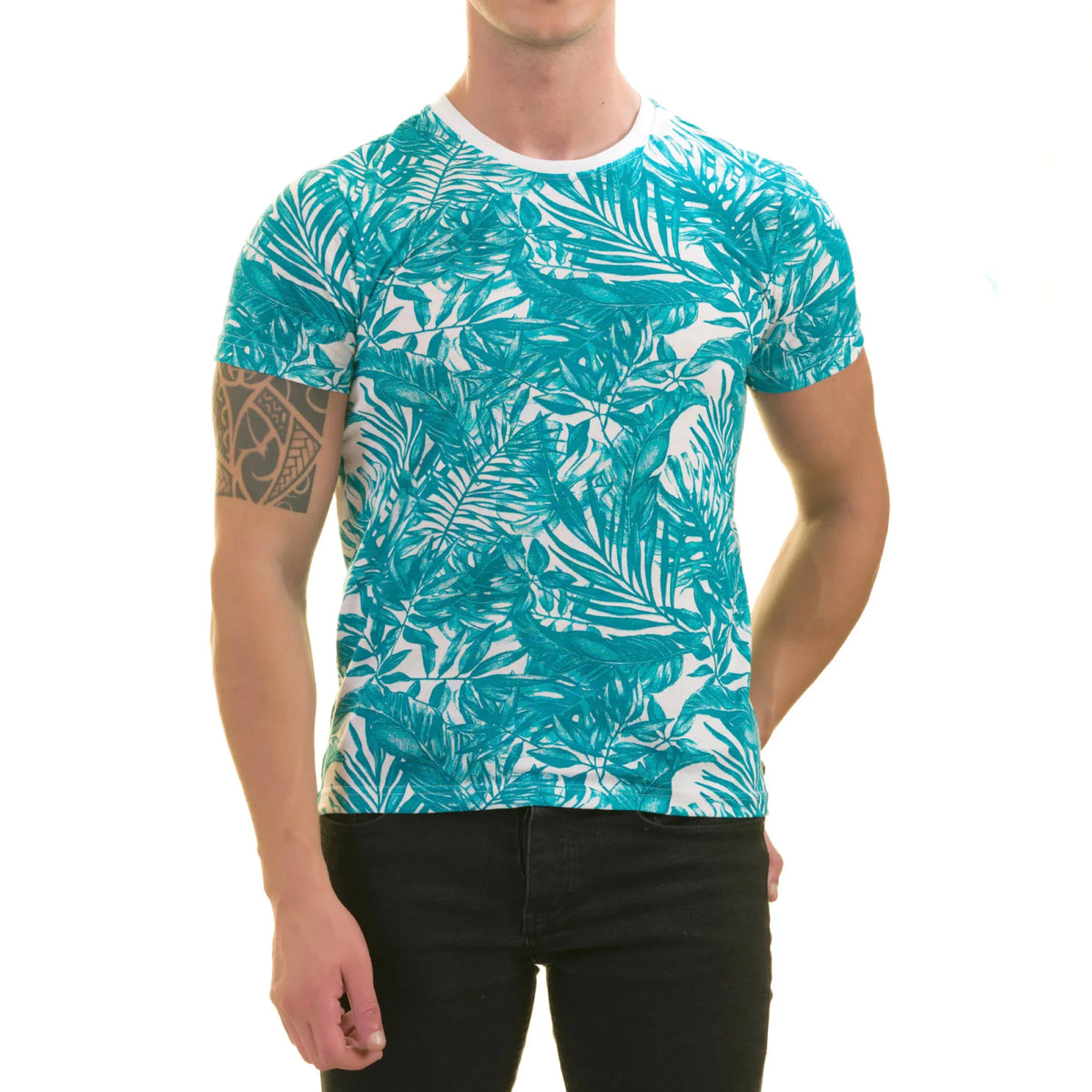 Blue Leaves Printed Premium T-Shirt for Men - European Made Crew Neck