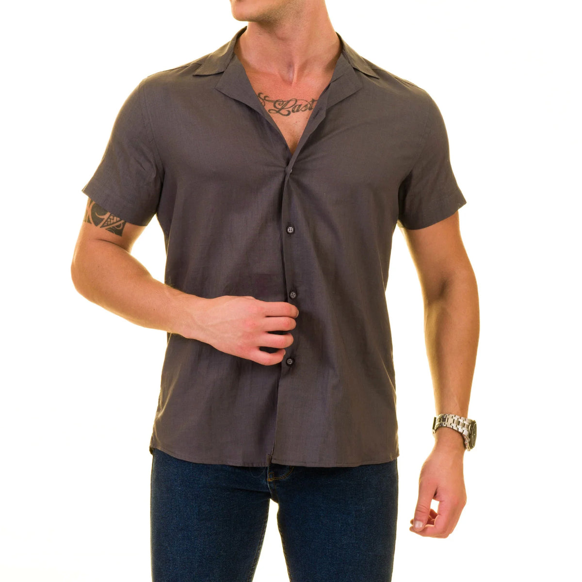 Men’s Solid Gray Hawaiian Summer Shirt – European Made & Designed
