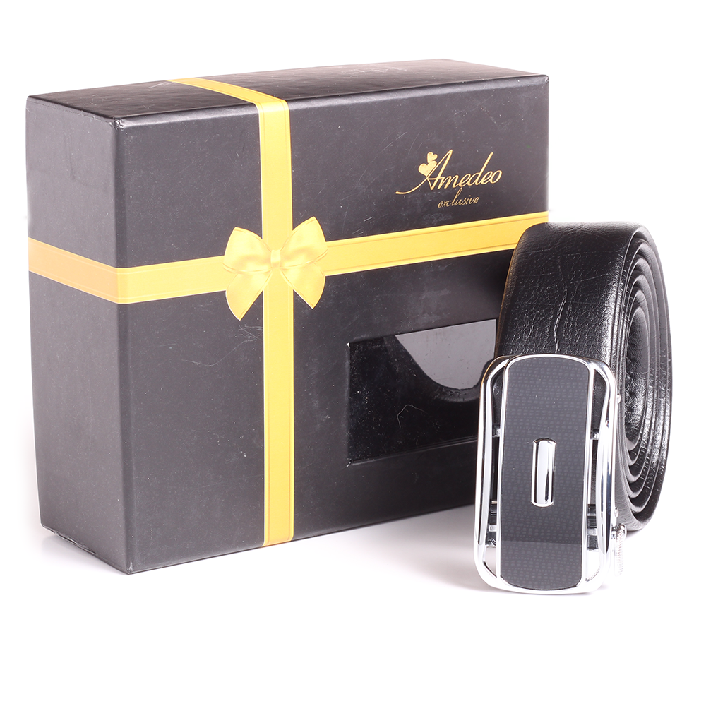 Men's Smart Ratchet No Holes Automatic Buckle Belt in Black Belt - Two-Toned Silver Checkered Color - Amedeo Exclusive