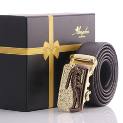 Men's Smart Ratchet No Holes Automatic Buckle Belt in Gold & Brown Color in T - Amedeo Exclusive