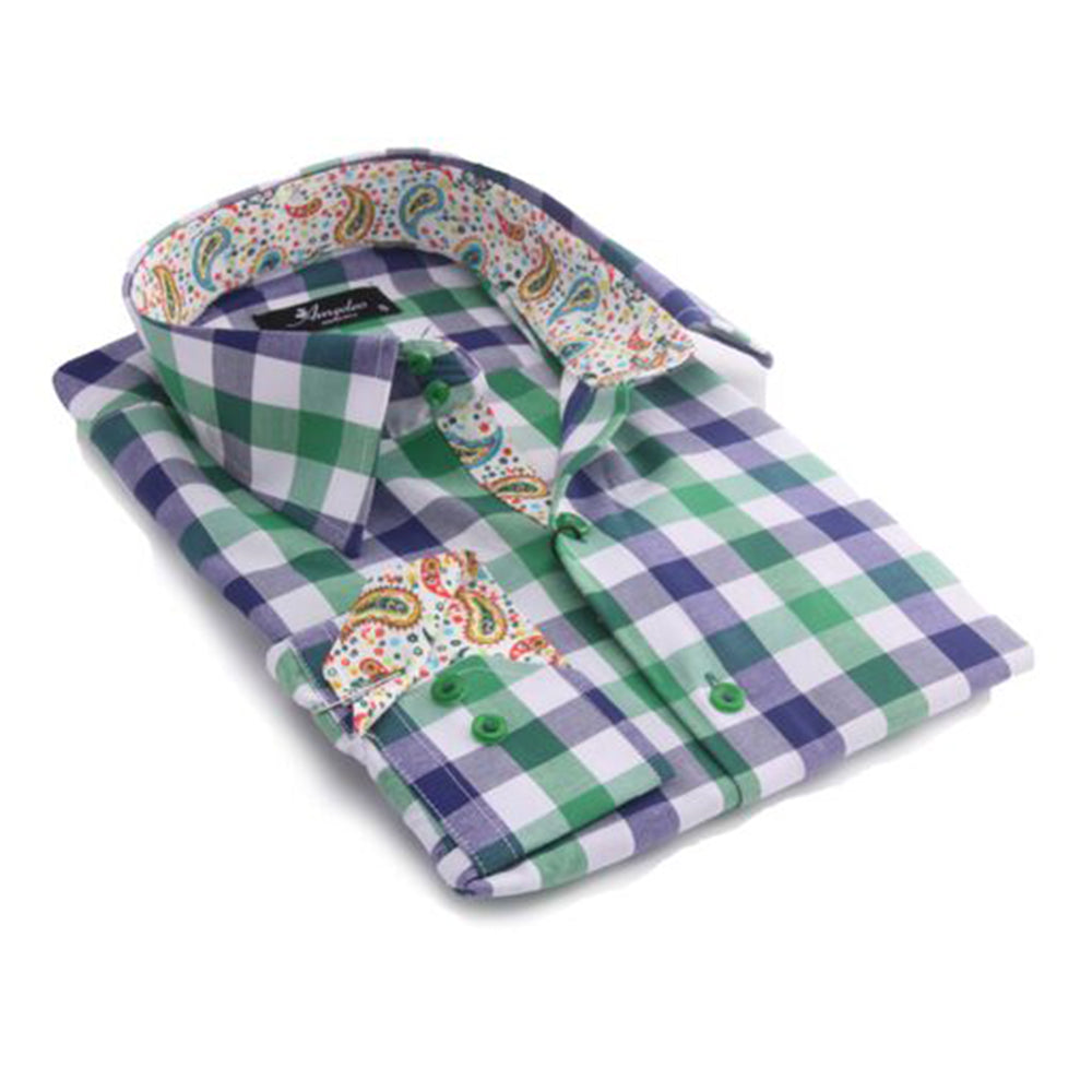 Green Check Mens Slim Fit Designer Dress Shirt - tailored Cotton Shirts for Work and Casual Wear - Amedeo Exclusive