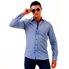 Men’s Sky Blue Linen Shirt - Luxury Tailor Fit European Made Button-Up