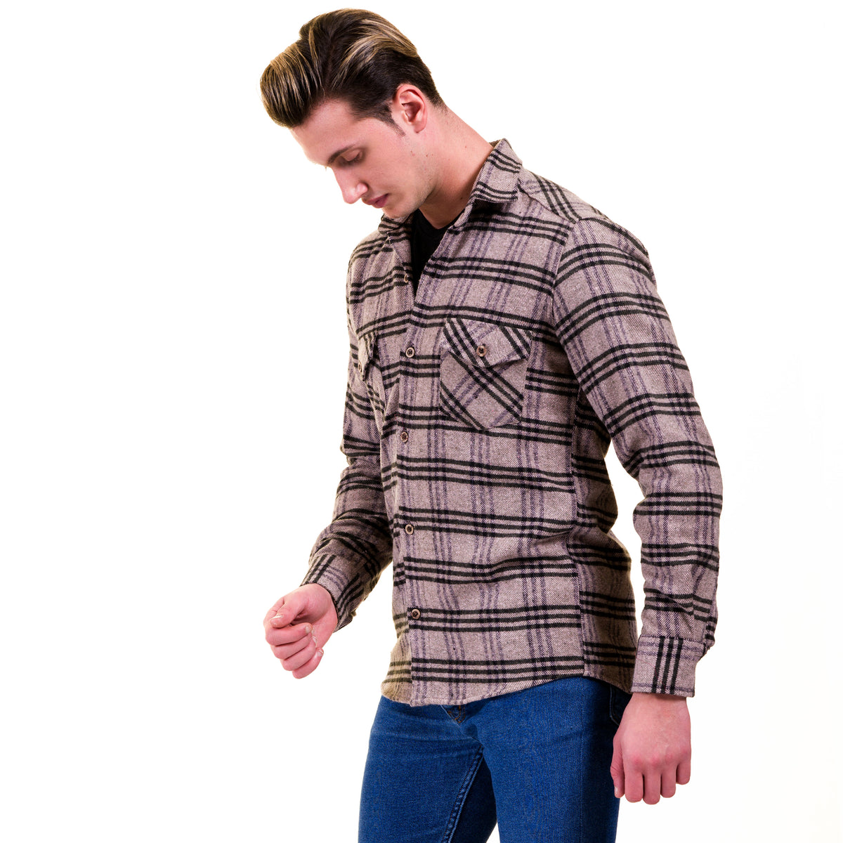 Tan Black Check  Mens Slim Fit Designer Dress Shirt - tailored Cotton Shirts for Work and Casual Wear