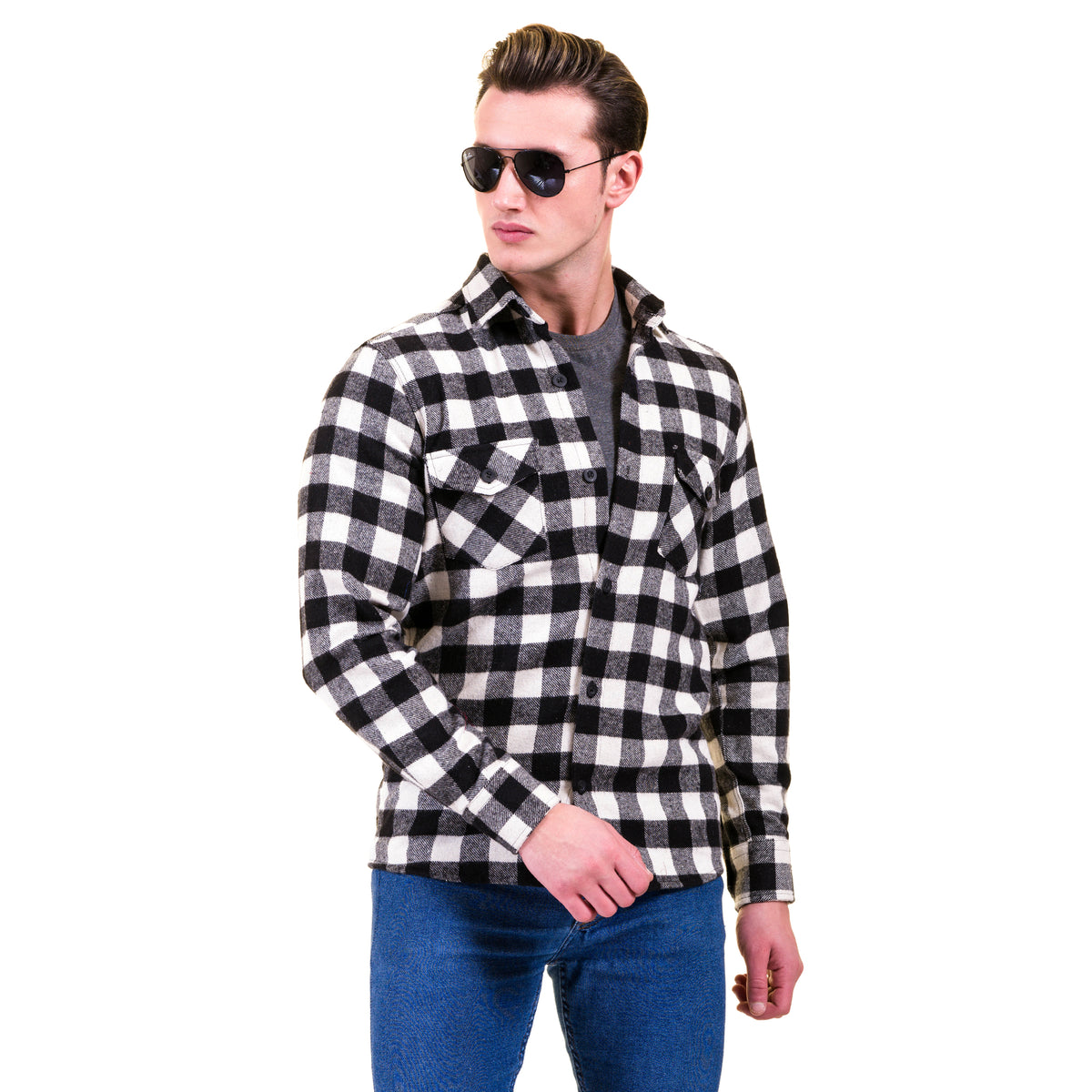 Black White Check Mens Slim Fit Designer French Cuff Shirt - tailored Cotton Shirts for Work and Casual Wear