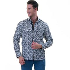 Black White Leaves French Cuff Shirt - Slim Fit Cotton Shirt for Men - Work & Casual