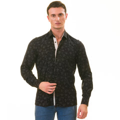 Black Floral Men's Slim Fit Designer Dress Shirt - Tailored Cotton Shirt