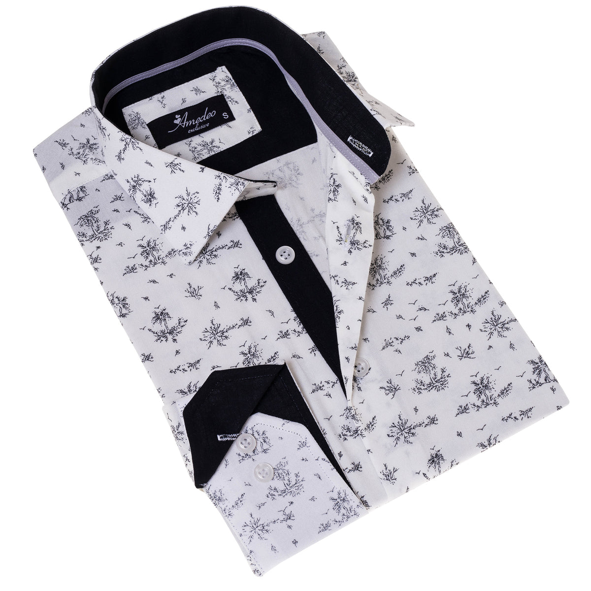 White Floral Men's Slim Fit Designer Dress Shirt - Tailored Cotton