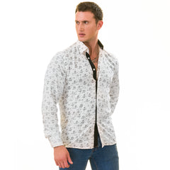 White Floral Men's Slim Fit Designer Dress Shirt - Tailored Cotton