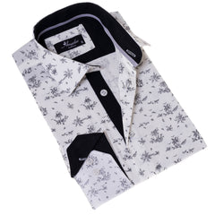 White Floral Men's Slim Fit Designer Dress Shirt - Tailored Cotton