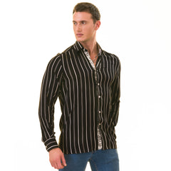 Black Striped Men's Slim Fit Designer French Cuff Shirt - Tailored Cotton