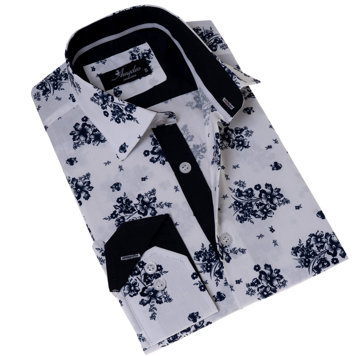 White Navy Floral Digital Men's Slim Fit Designer Dress Shirt - Tailored Cotton