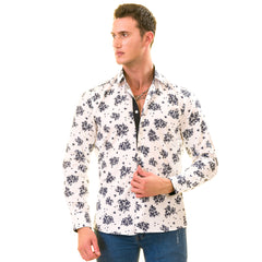 White Navy Floral Digital Men's Slim Fit Designer Dress Shirt - Tailored Cotton