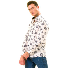 White Navy Floral Digital Men's Slim Fit Designer Dress Shirt - Tailored Cotton