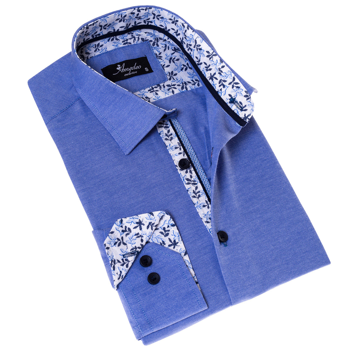 Blue Inside Floral Men's Slim Fit Designer French Cuff Shirt - Tailored Cotton