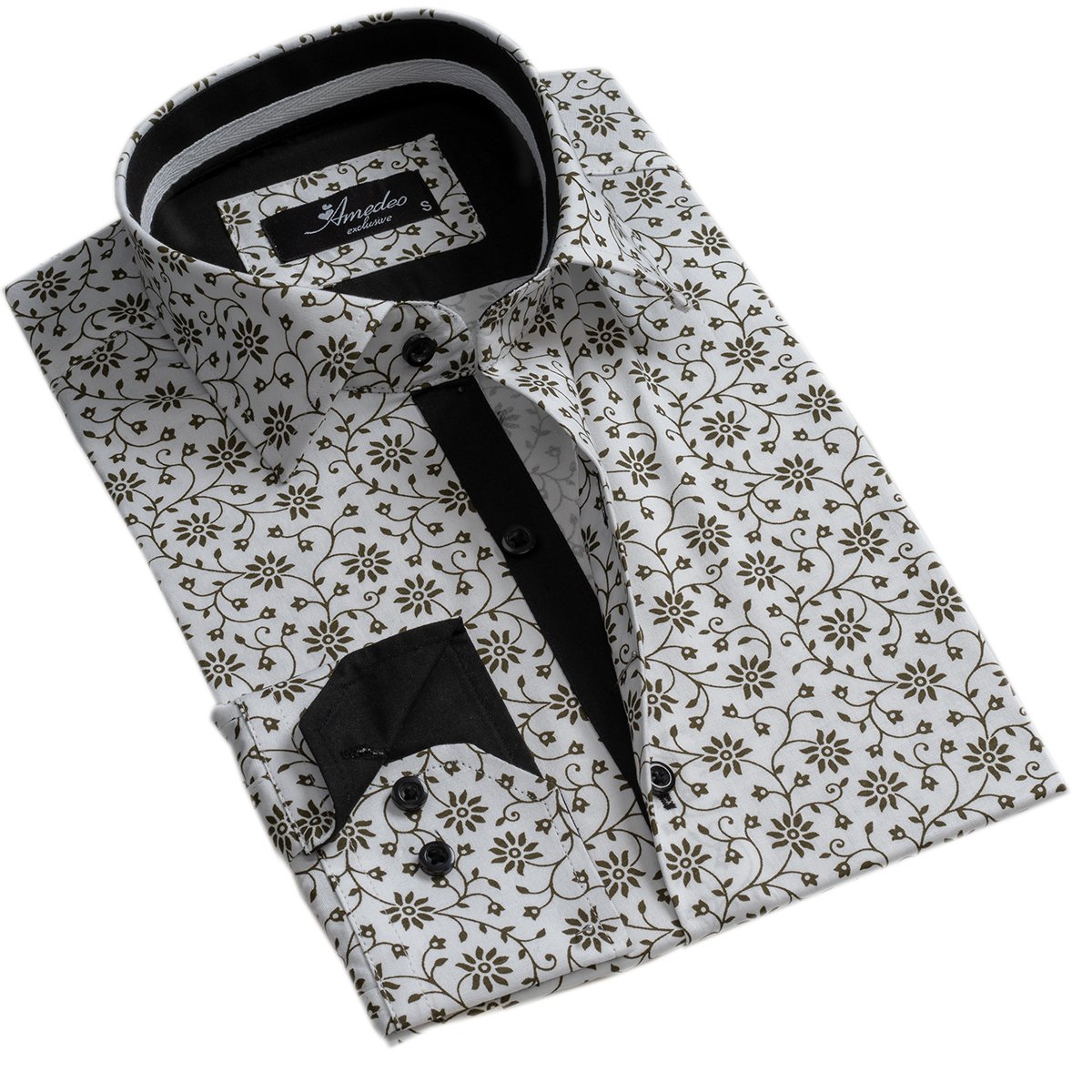 White Green Floral Mens Slim Fit Designer Dress Shirt - tailored Cotton Shirts for Work and Casual Wear - Amedeo Exclusive