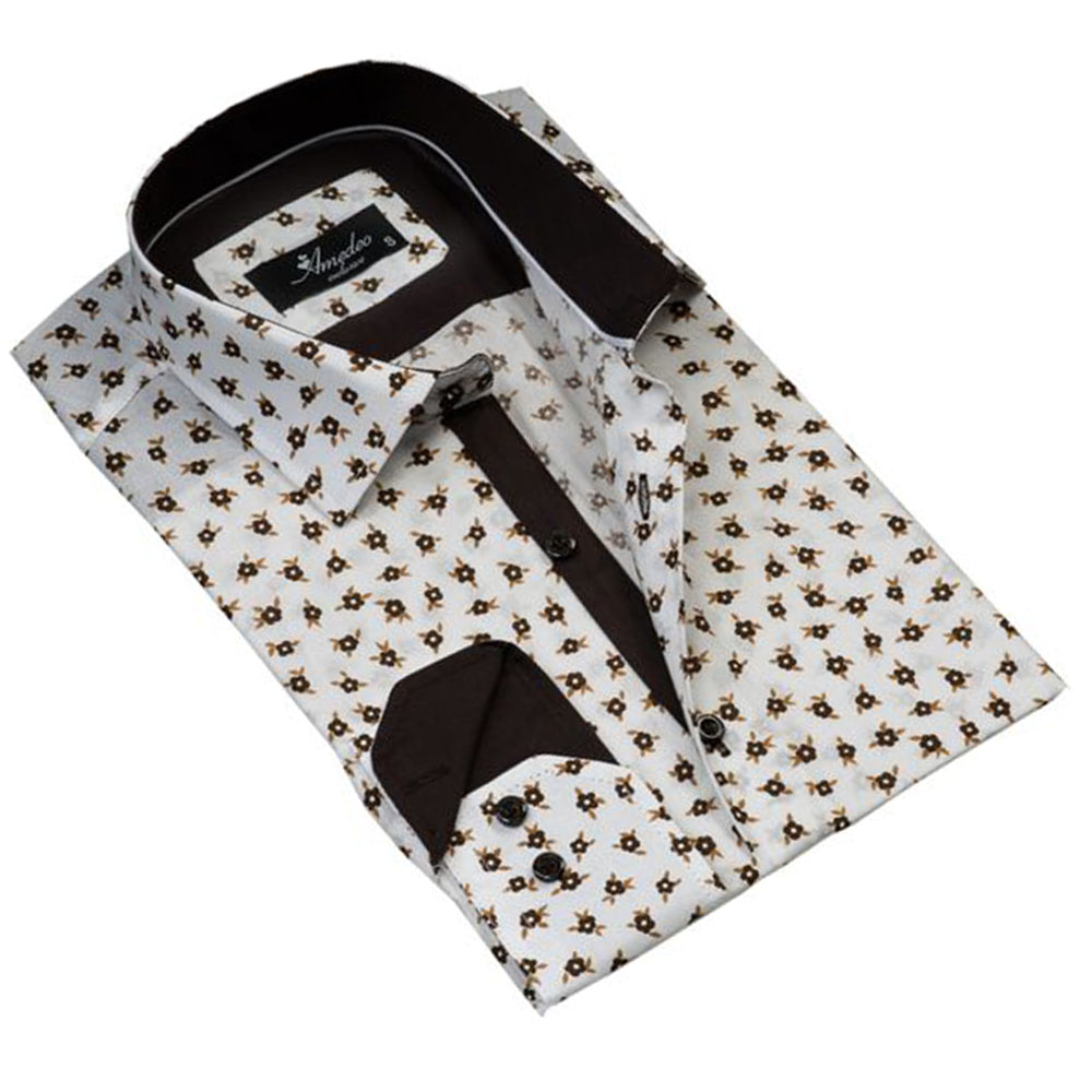 White with Brown Floral Mens Slim Fit Designer Dress Shirt - tailored Cotton Shirts for Work and - Amedeo Exclusive