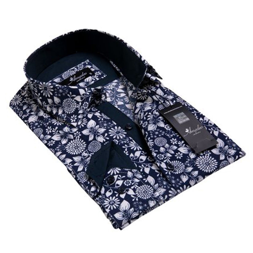 Navy Blue White Floral Mens Slim Fit Designer Dress Shirt - tailored Cotton Shirts for Work and - Amedeo Exclusive