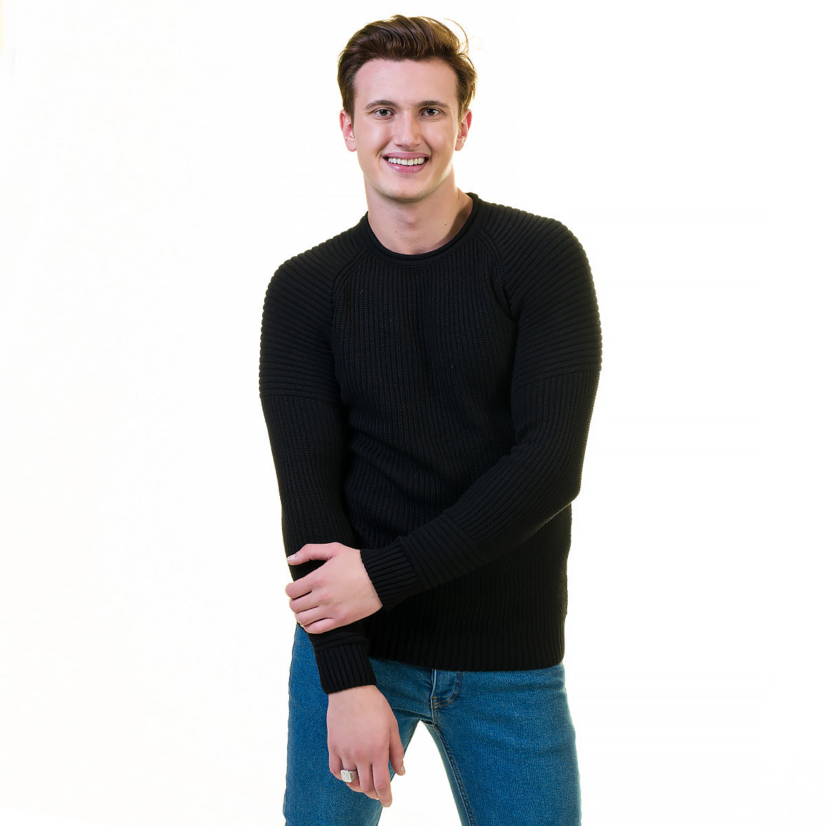 Solid Black Printed European Wool Luxury Zippered With Sweater Jacket Warm Winter Tailor Fit