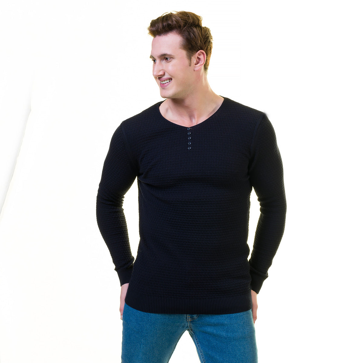 Black Rounded Neck European Wool Luxury Zippered With Sweater Jacket Warm Winter Tailor Fit