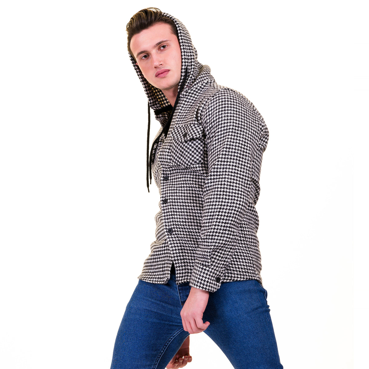 Black White Harringbone European Wool Luxury Zippered With Hoodie Sweater Jacket Warm Winter Tailor Fit