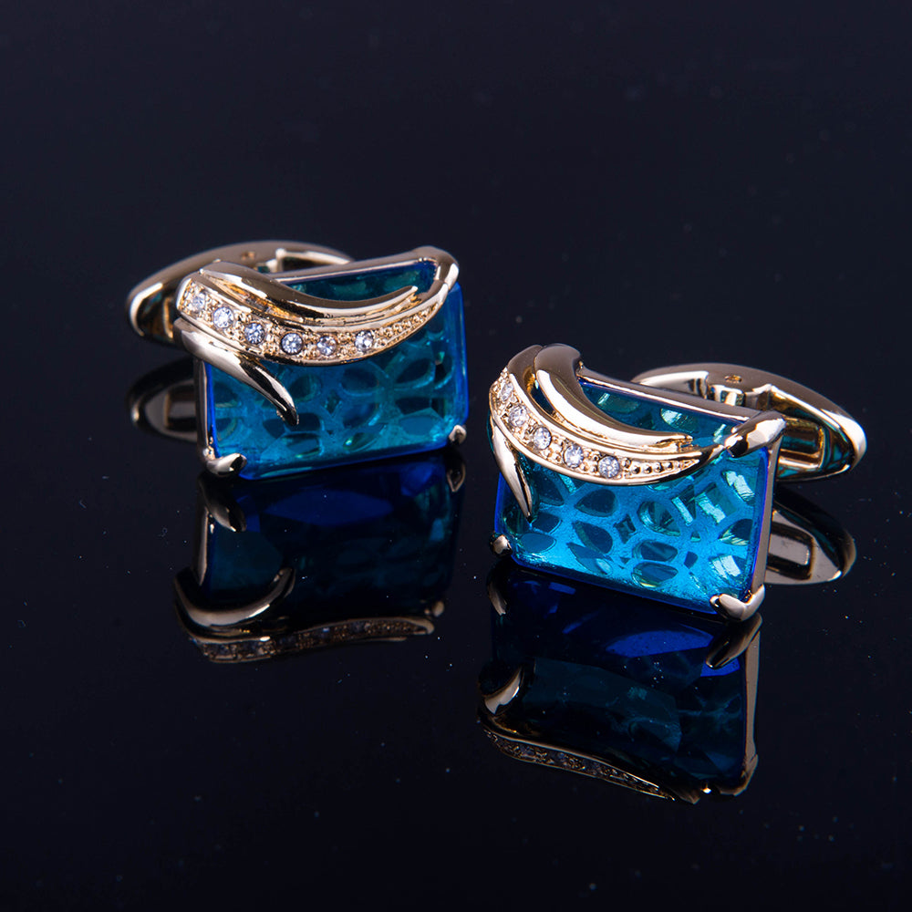 Mens Stainless Steel Gold + Light Blue Squares Cufflinks for Shirt with Box - Hand Crafted Perfect - Amedeo Exclusive