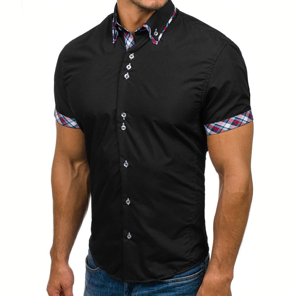 Men's Button down Tailor Fit Soft 100% Cotton Short Sleeve Dress Shirt Black with Colorful Check casual And Formal - Amedeo Exclusive