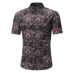 Tan with Black Multi Color Mens Short Sleeve Button up Shirts - Tailored Slim Fit Cotton Dress Shirts - Amedeo Exclusive